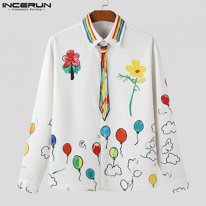 INCERUN Men Shirt Printing Lapel Long Sleeve Loose Men Clothing Streetwear Vacation 2026 Fashion Casual Tops Male Shirts S-5XL