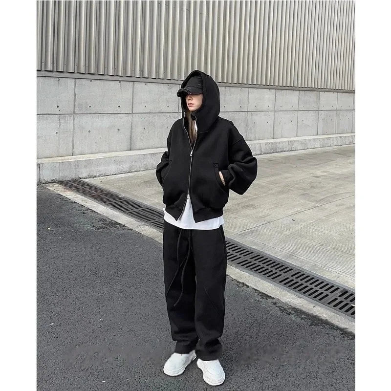 Autumn Winter Men's Casual Hoodie Sports Set Korean Fashion Loose Zip Up Hooded Sweatshirt and Sports Pants Two-piece Set