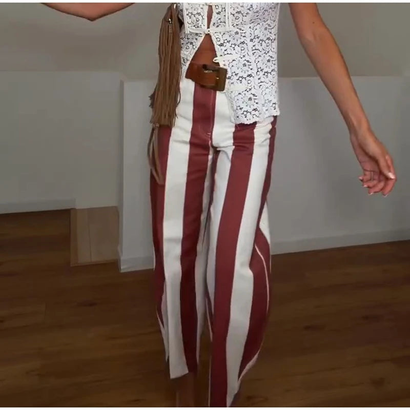 Soft Denim Button‑Front Curved‑Cut Jeans Slim‑Fit  Striped 2026 Summer Casual Women Denim Pants Fashion Versatile Lady Trousers