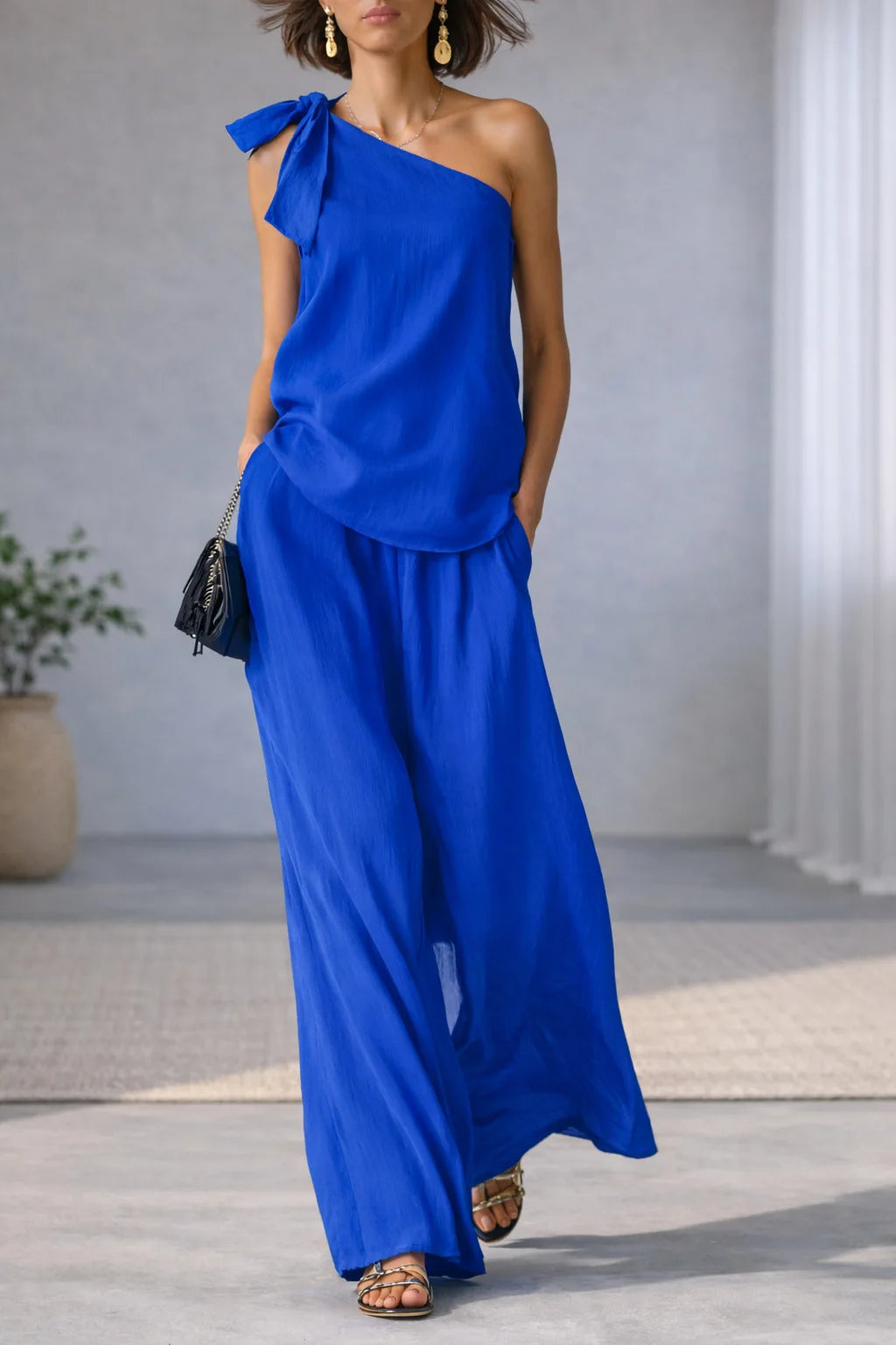 Summer Sexy Off Shoulder Tank Tops And Wide Leg Pants Two Piece Sets Casual Loose Solid High Waist Pants Sets Lace Tops Outfits