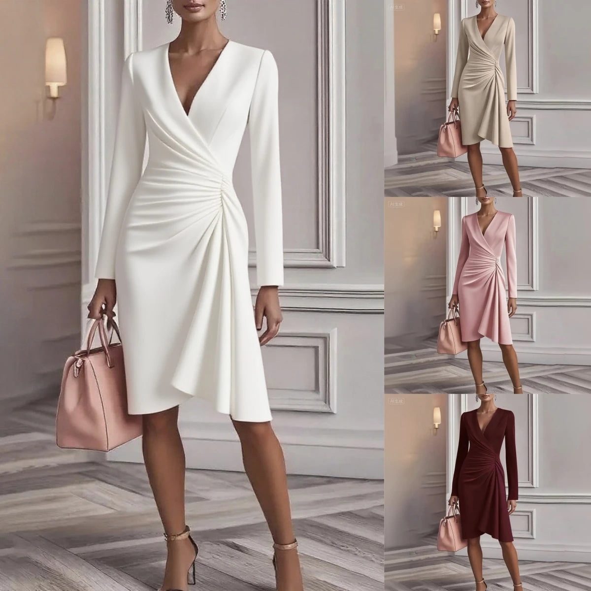 Women Long Sleeve V Neck Ruched Wrap Midi Dress Elegant Office Lady Bodycon Cocktail Party Sheath Dress