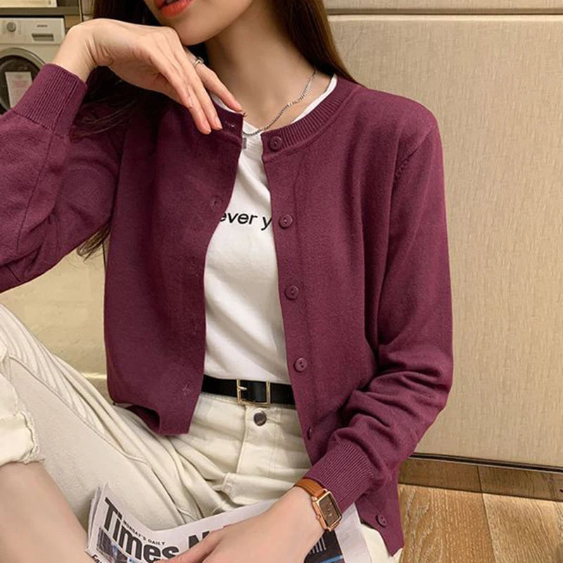 Rimocy Knitted Cardigan Jacket Women 2025 Spring Autumn Round Neck Casual Cardigans Woman Solid Color Slim Korean Jumpers Female
