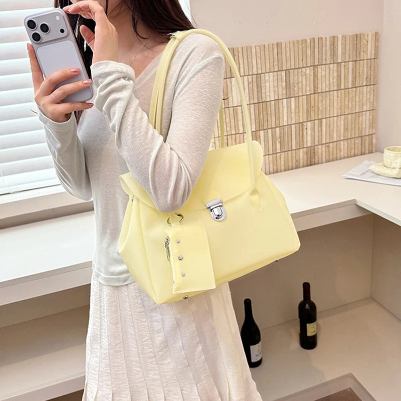 Korean Style Flap Jelly Tote Bag Large Capacity Commuter Shoulder Bag Underarm Handbag Soft Candy Color Casual Daily Work Bag