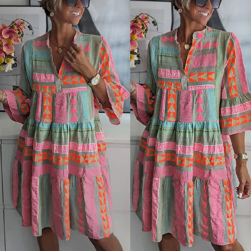 2026 Women Dresses V Neck Three Quarter Sleeve Pullover Dress Print Floral Vestidos Knee Length Loose Fit Casual Summer