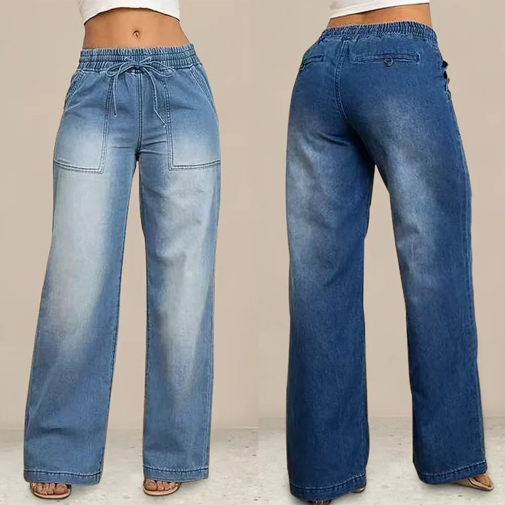 Chic High Waist Drawstring Denim Pants Women's Straight Wide Leg Jeans Fashion Trousers