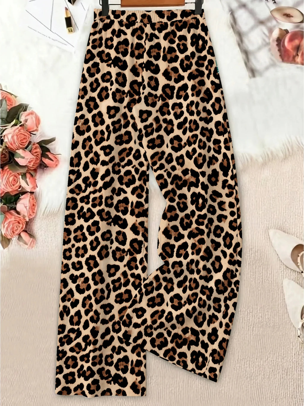 Summer Women's Casual and Elegant Leopard Print Elastic Waistband Tied Loose Wide Leg Pants