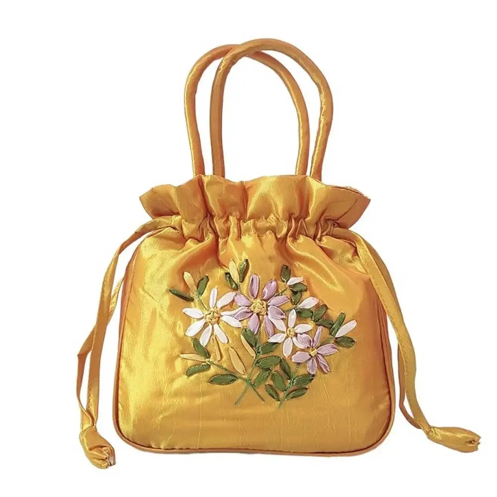 Retro Elegant Satin Silk Embroidery Totes for Women Floral Drawstring Handbag Hanfu Woman Purse Wallet Small Tote Bags