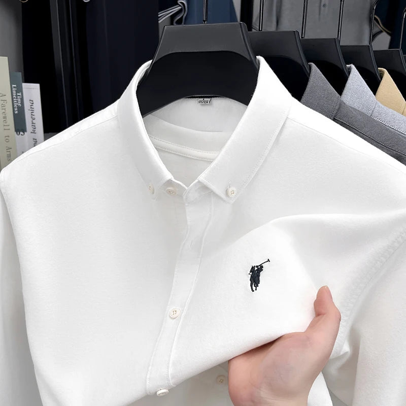 High End 100% Pure Cotton Long Sleeved Men's 2026 Spring Fashion Solid Color Business Casual Small Horse Logo Shirt