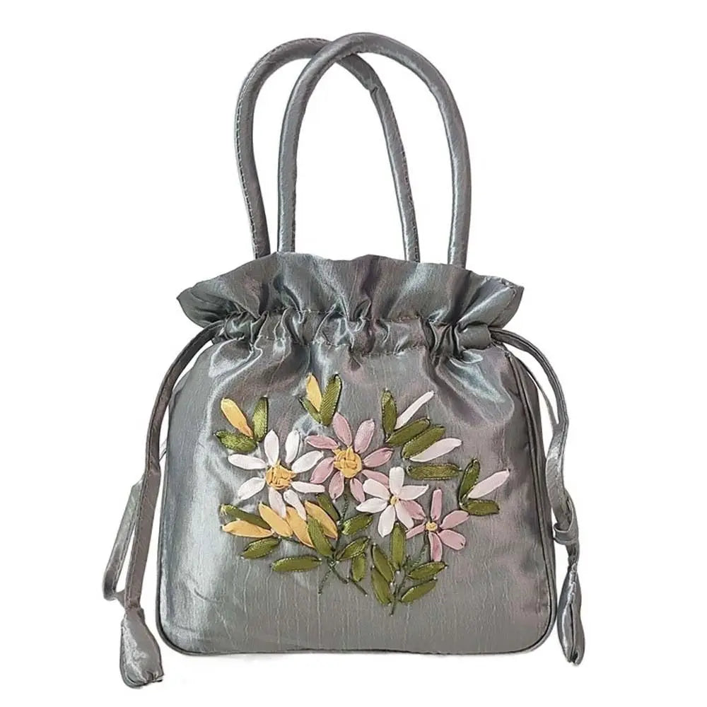 Retro Elegant Satin Silk Embroidery Totes for Women Floral Drawstring Handbag Hanfu Woman Purse Wallet Small Tote Bags