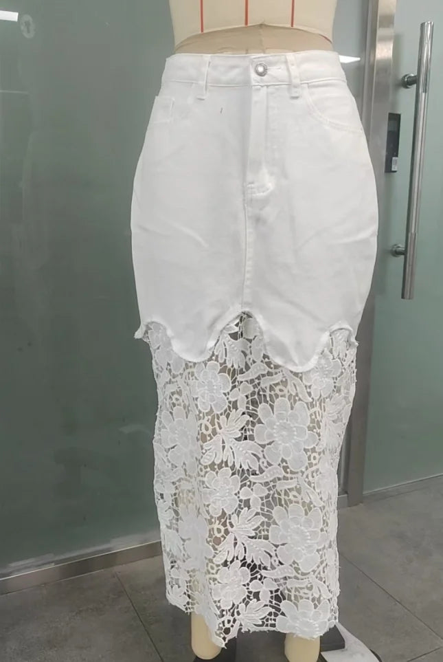 New  Fashion Lace Denim Skirts Patchwork Ladies 2026 Summer Street Pocket Women Casual Loose High Waist Jeans Skirt L274