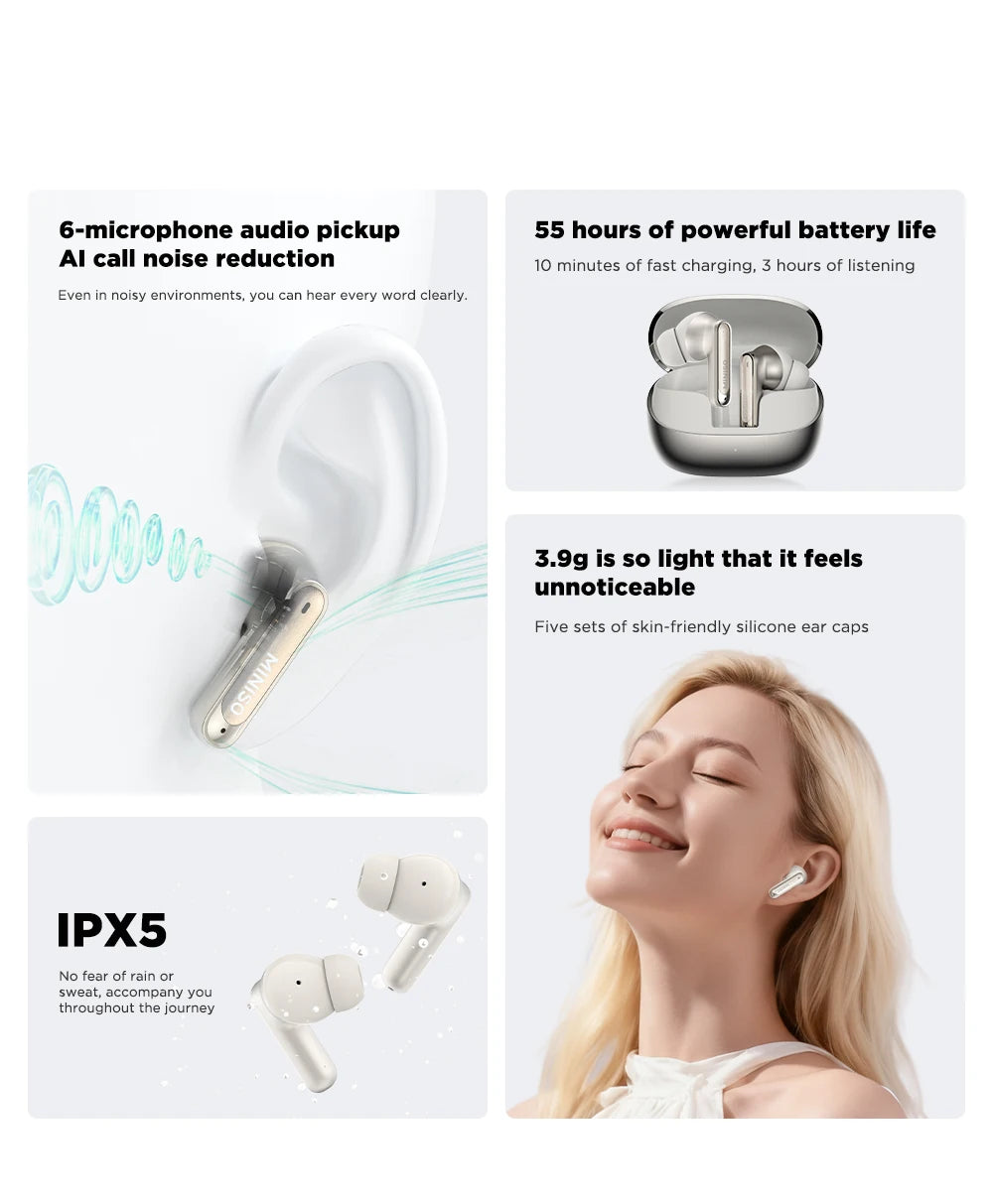 MINISO MS106 Bluetooth Earphone TWS Wireless Headphones Long Battery Life Sports Earphones Noise Reduction Comfortable Earbud