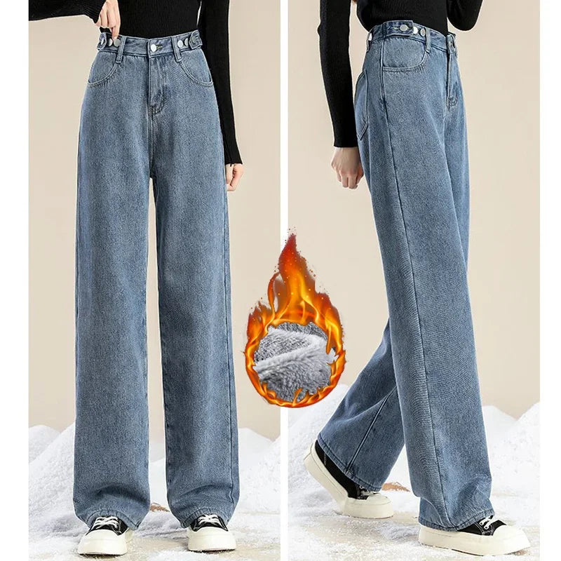 Hot Sale Winter Lady Thermal Plush High Waist Jeans Girls Snow Warm Denim Pants Women Classic Fleece Straight Leg Trousers