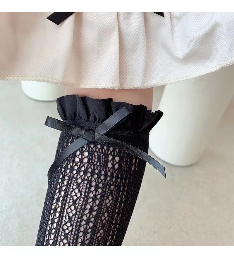 Girls Long Tube Lace Stockings Sweet Bow Jacquard Pattern Mesh Sock Baby Girl Ballet Fishing Net Frilly Socks Lolita Leggings