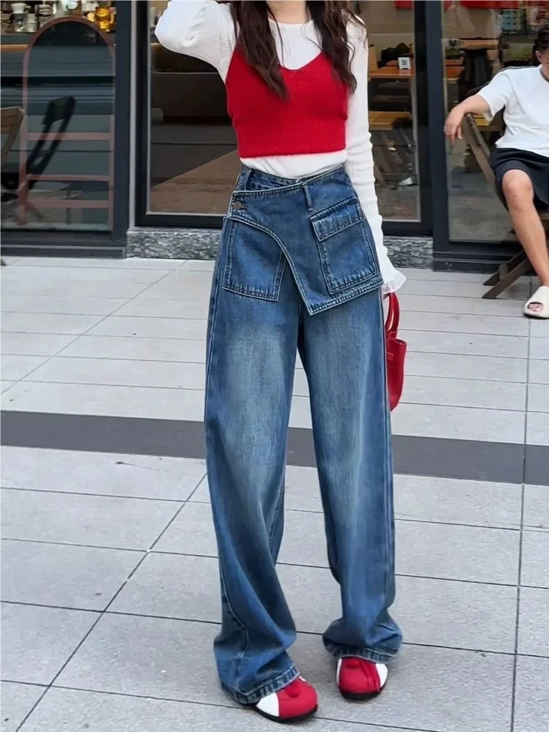 Fake Two-piece Retro High-waisted Wide-leg Jeans Women's Autumn New Loose and Thin Casual Straight-leg Floor Pants