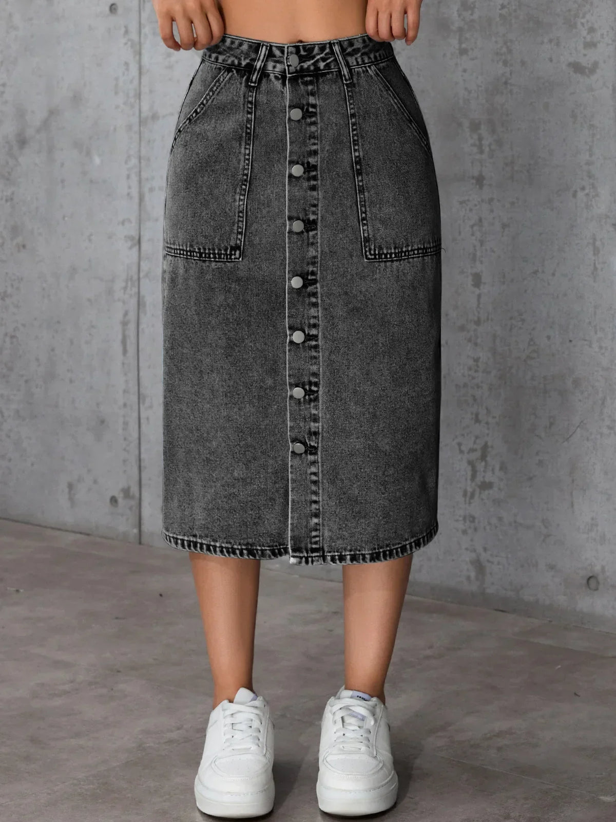 Women Waist Stretchy Denim Pencil Skirt, Midi Knee Length Slit Bodycon Flattering Casual Daily Streetwear Chic Ladies Midi Skirt