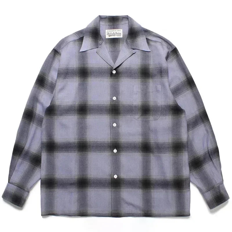 Classic WACKO MARIA Checkered Plaid Shirt Men Women Best Quality Hawaiian Tops Oversized Long Sleeved Shirts Light Purple Gray