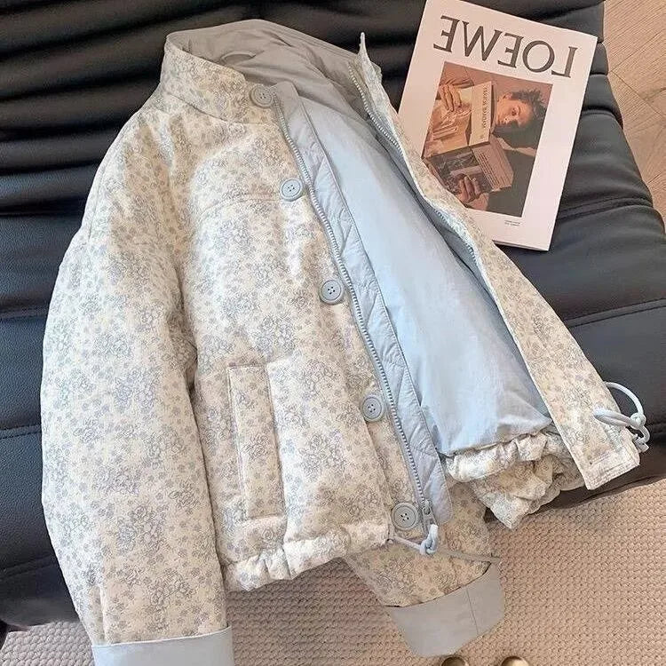 Blue Printed Stand Up Collar Cotton Jacket For Women's Winter 2024 New Casual Loose Korean Version Sweet Warm Cotton Jacket