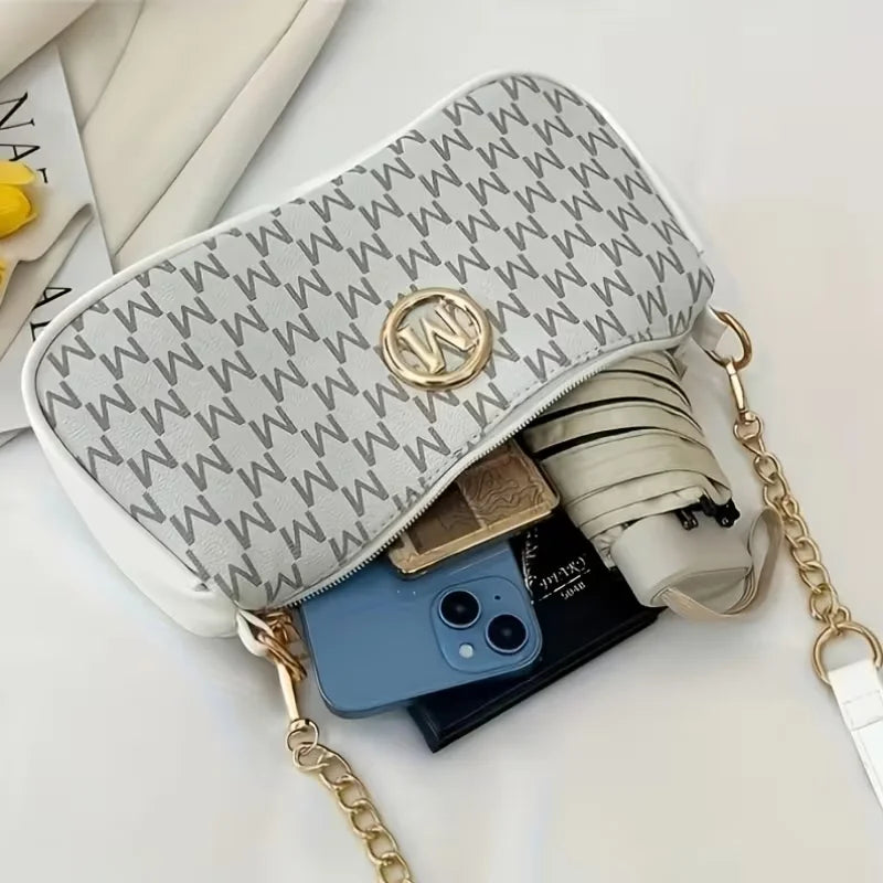 Women Vintage M Monogram Shoulder Bag Gold Chain PU Leather Crossbody Baguette Bag Casual Underarm Handbag For Ladies Daily Use