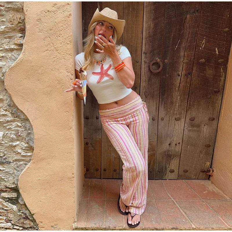 Striped Women's Trousers Low Waist Tie Casual Pants Vertical Stripe Floor Length Pants Daily Fashion Wear 2026 Collection