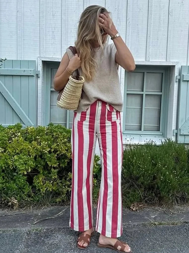 Striped Zipper High-Waisted Trousers Slim Fit Flare Leg Double Pocket 2026 Summer Casual Women Bottom Fashion Chic Lady Pants