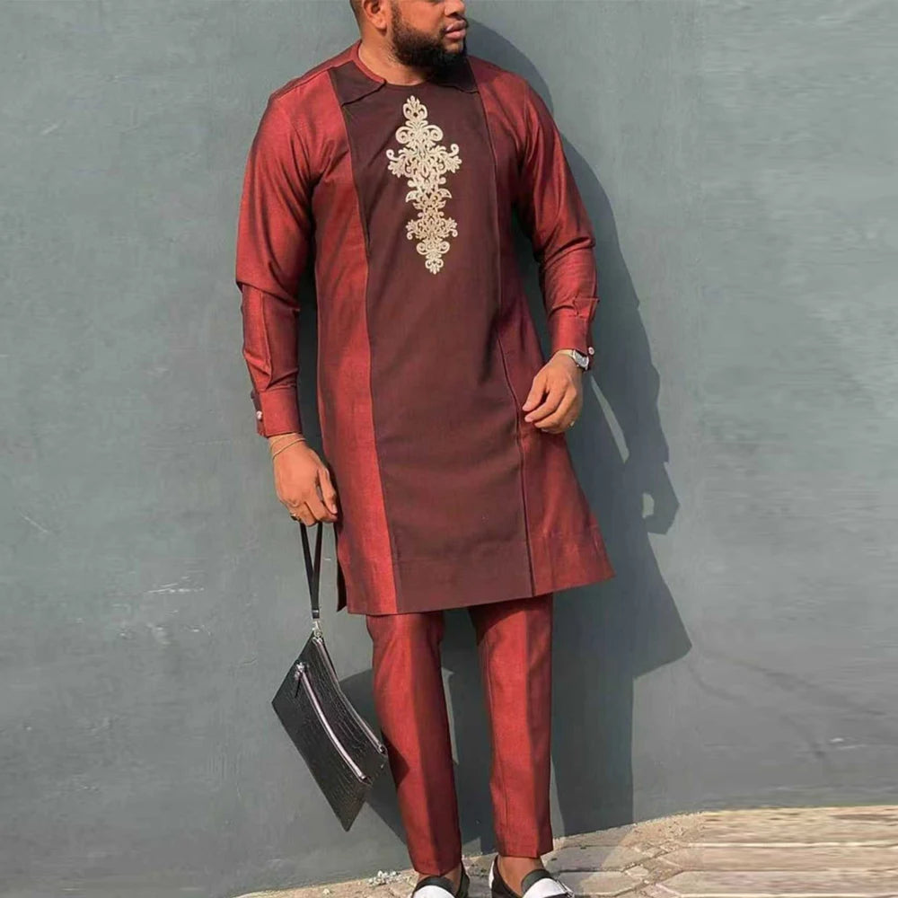 Kaftan Elegant Men's Suit Long Sleeve Ethnic Style Casual EmbroideryTop And Pants 2PCS Sets African Fashion Traditional Outfits