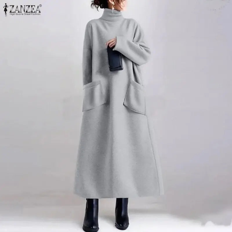 ZANZEA Fashion Sweatshirt Dress Women Casual Turtleneck Long Sleeve Solid A-Line Midi Dresses for Woman FW 2025 Cozy Warm Robes