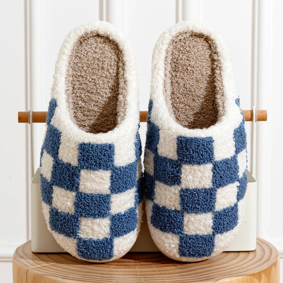 Fashion Retro Checker Women's Winter Warm Home Slippers Couple Indoor Bedroom Plush Anti-slip Soft Sole Leisure Shoes Men