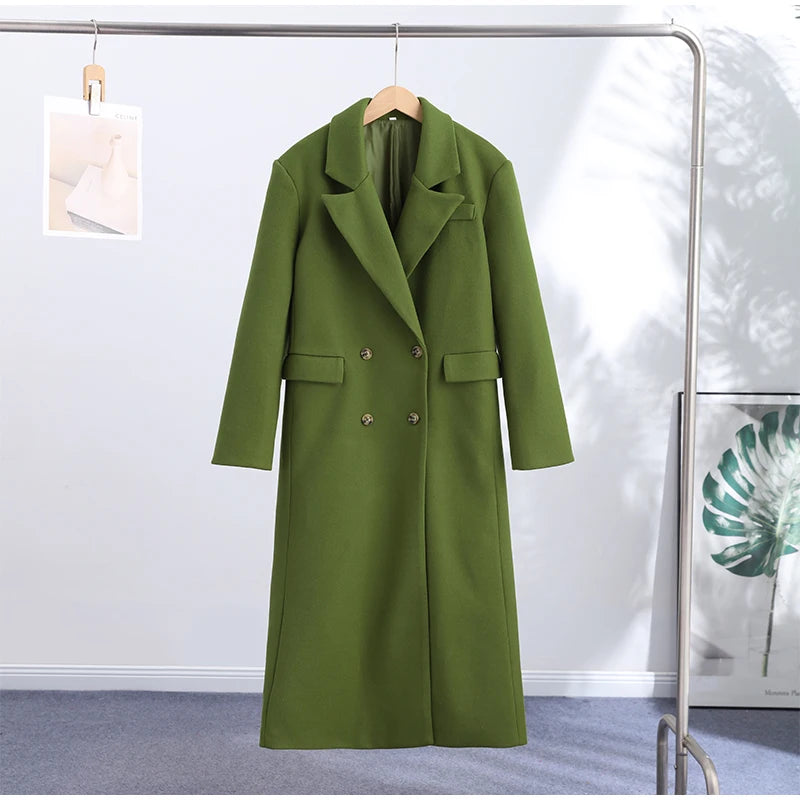 Elegant Women's Woolen Overcoat Solid Lapel Double Breasted Full Sleeve Long Coat 2026 Autumn Winter Fashion Lady Outwear
