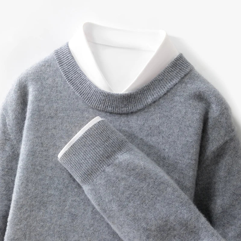 100% wool men's round neck solid color loose knit cashmere pullover for business and leisure, keeping warm in autumn and winter