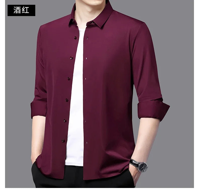 Seamless Anti-wrinkle Business Silky High Elastic Spandex Men's Long-sleeved Shirt Formal Social Non-iron Solid Color Casual