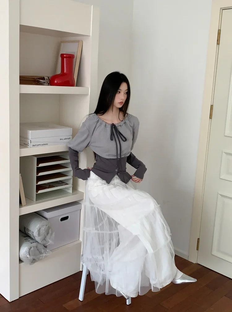 CHEERART Fall 2025 Designer Patchwork Long Sleeve Top And Blouse Autumn Clothing Woman Drawstring Tie Neck Fashion Clothes