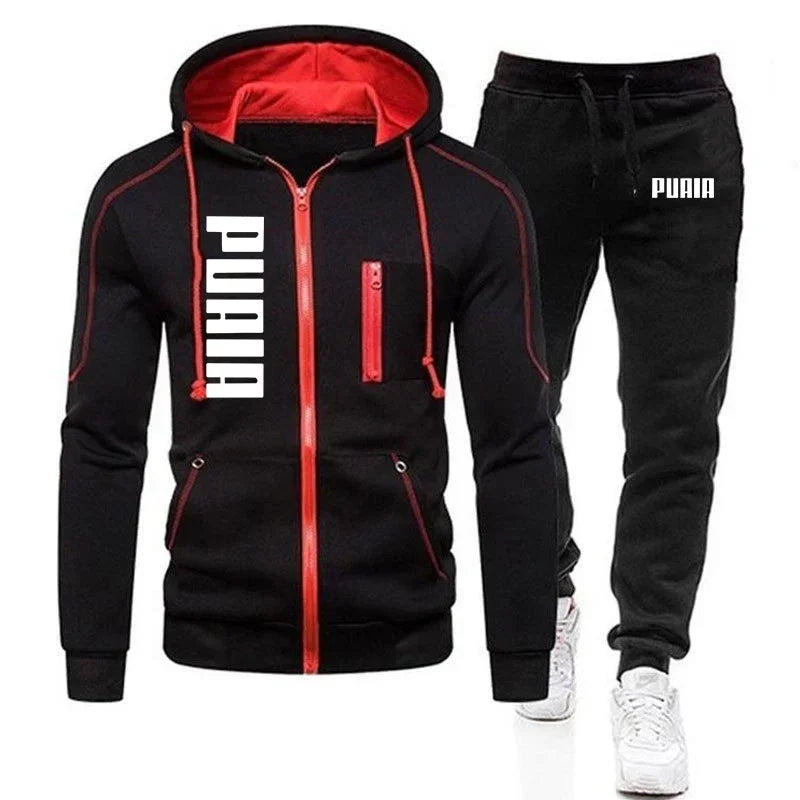 New autumn and winter thickened men's zipper jacket + pants two-piece set, fashionable outdoor jogging men's casual sportswear