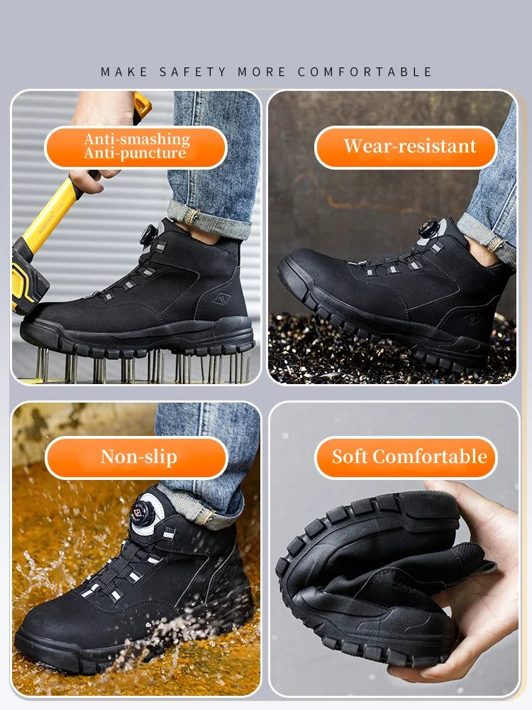 WOUDHONY Work Shoes Men Anti-smashing Anti-puncture Safety Shoes Rotating Buttons Autumn Winter Protective Work Safety Boots