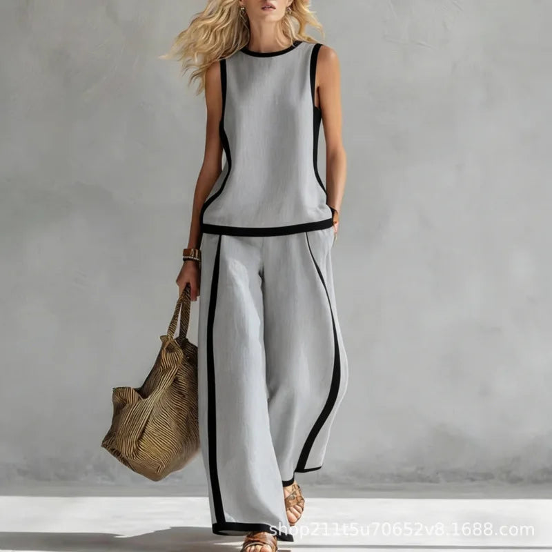 New Fashion Retro Printed Sleeveless Tops Trousers 2-piece Sets Women's Summer Casual Vest Loose Wide Leg Trousers Female Suit