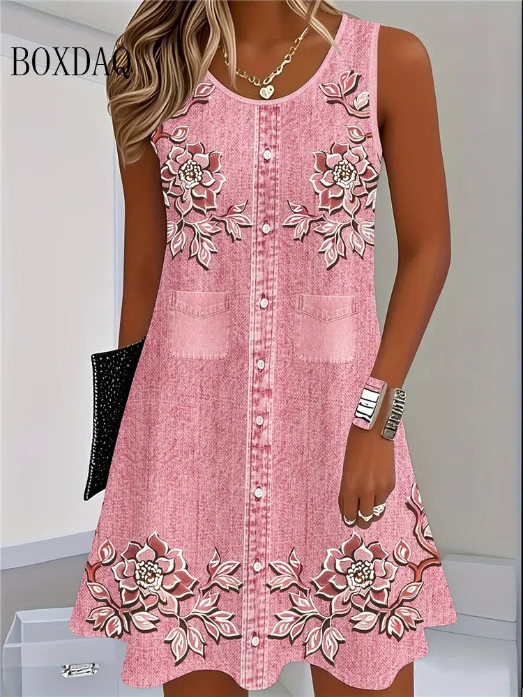 Fashion Imitate Cowboy Vest Flowers Print Dress Casual Tank Beach Dresses For Women2026 Women Summer Sleeveless Bohemian Dress