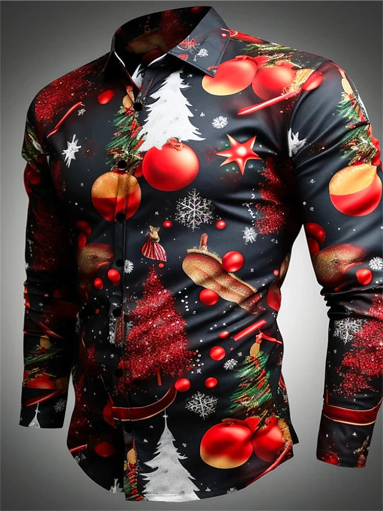 Gift Christmas Tree Print Men's Long Sleeve Shirt Urban Street Men's Fashion Christmas Shirt Autumn And Winter Casual Mens Shirt