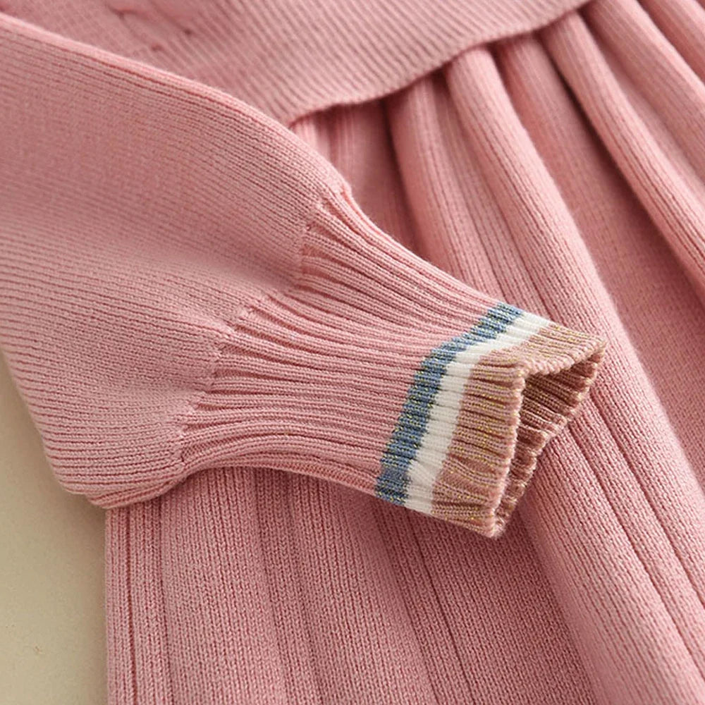 Bear Leader Kids Dresses for Girls Pearl Button Tricolor Striped Lapel Knit Skirt Winter College Style Children's Clothing