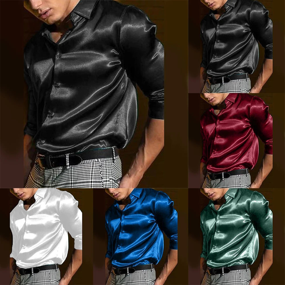 Fashion Autumn Satin Silk Solid Color Long Sleeve Single Breasted Shirt Wedding Party Business Shirts Camisas De Hombre For Men