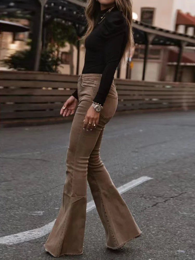 2025 Corduroy Trousers All Season Women Solid Button Fly Pocket Loungewear Slim Fit Ladies Flare Pants Streetwear Dropshipping