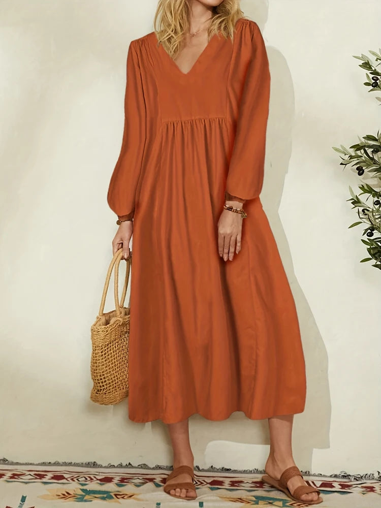 Plus Size  Spring/Fall New Arrival  Women's Cotton-Linen Blend Loose-Fit Bell-Sleeve Dress  Casual, Elegant for Everyday Wear