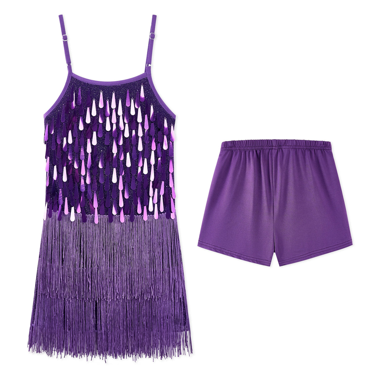 LOlanta 2Pcs Girls Sequin Latin Dance Dress Tassel Salsa Dancewear Sequin Fringe Dress Performance Outfits