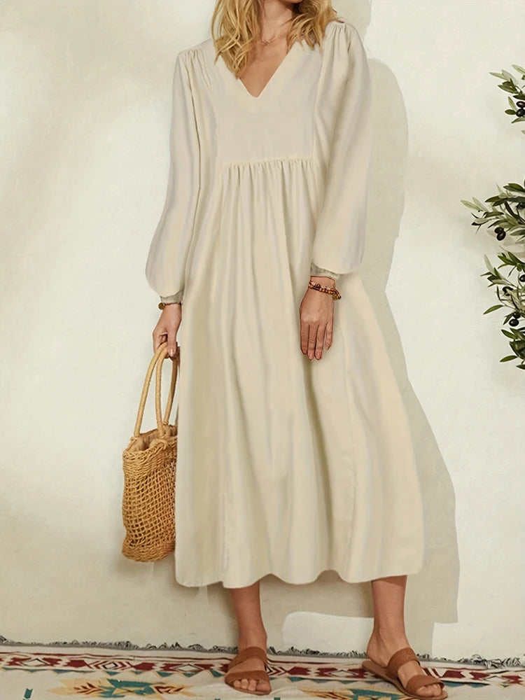 Plus Size  Spring/Fall New Arrival  Women's Cotton-Linen Blend Loose-Fit Bell-Sleeve Dress  Casual, Elegant for Everyday Wear