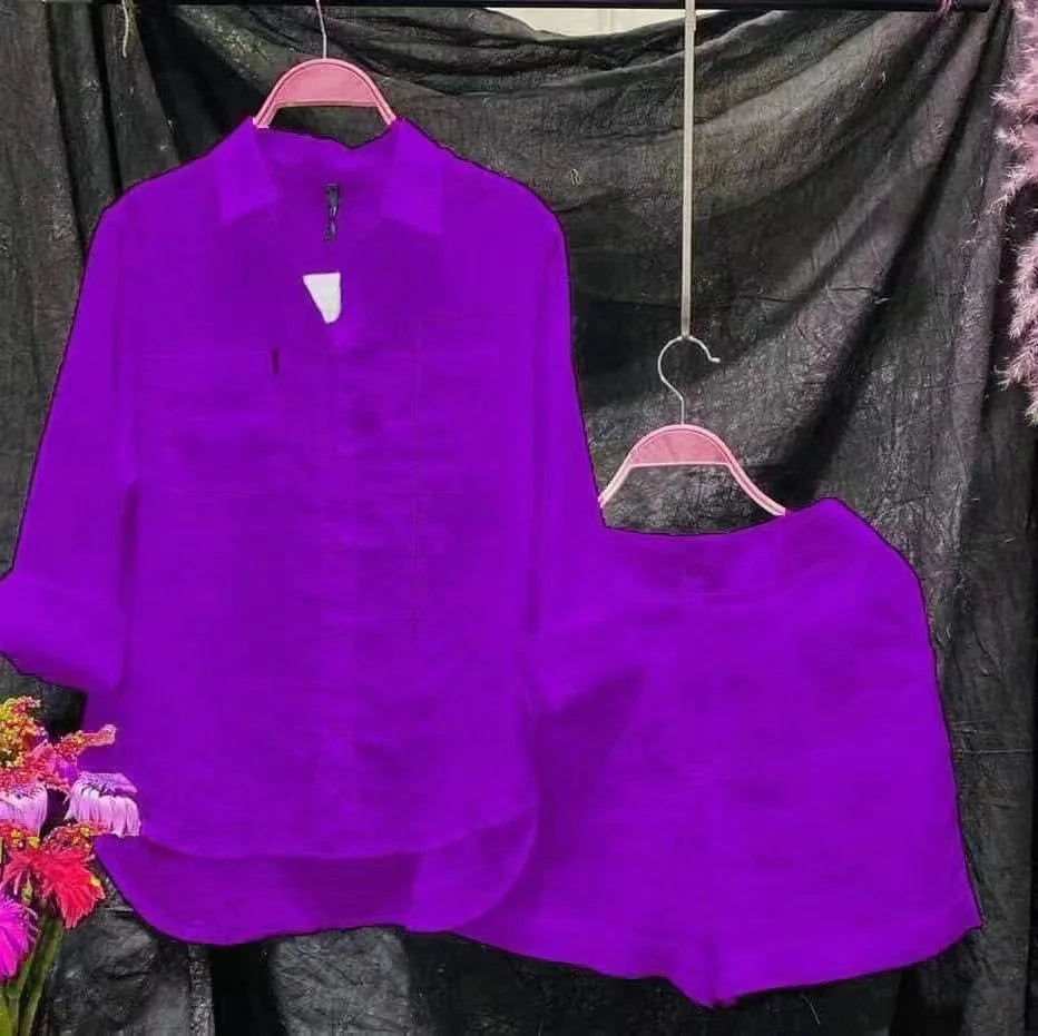 2025 Summer Cotton Linen Casual Shirt Two Piece Set For Women Shorts 2 Piece Sets Outfit Long Sleeve Short Sets Outfits Home