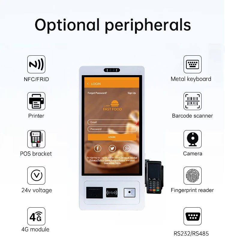 15.6 21.5 24 27 32 Inch Floor Standing/Wall Mounted Self-Service Payment Kiosk With QR Code Scanner 80mm Thermal Printer