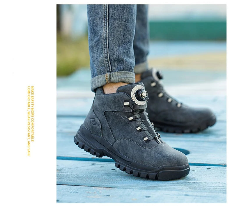WOUDHONY Work Shoes Men Anti-smashing Anti-puncture Safety Shoes Rotating Buttons Autumn Winter Protective Work Safety Boots