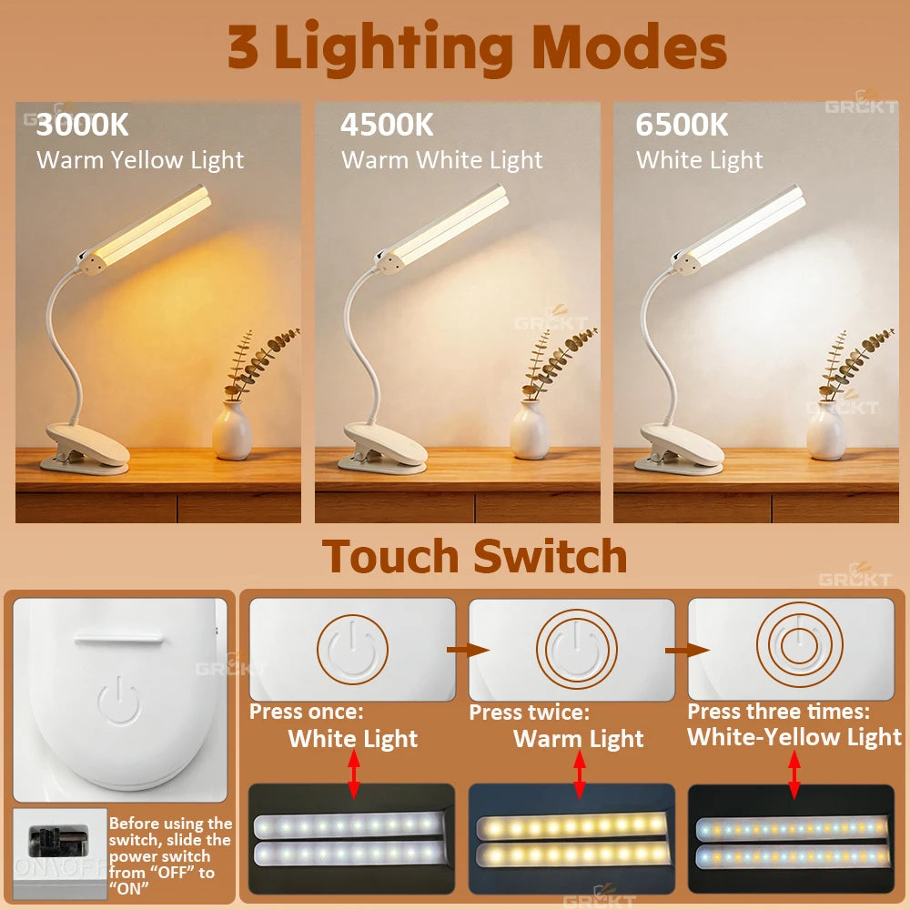 Flexible Dual Head LED Desk Lamp Eye Protection 3 Color Modes Brightness USB Rechargeable 360° Rotate Touch Control Office Study