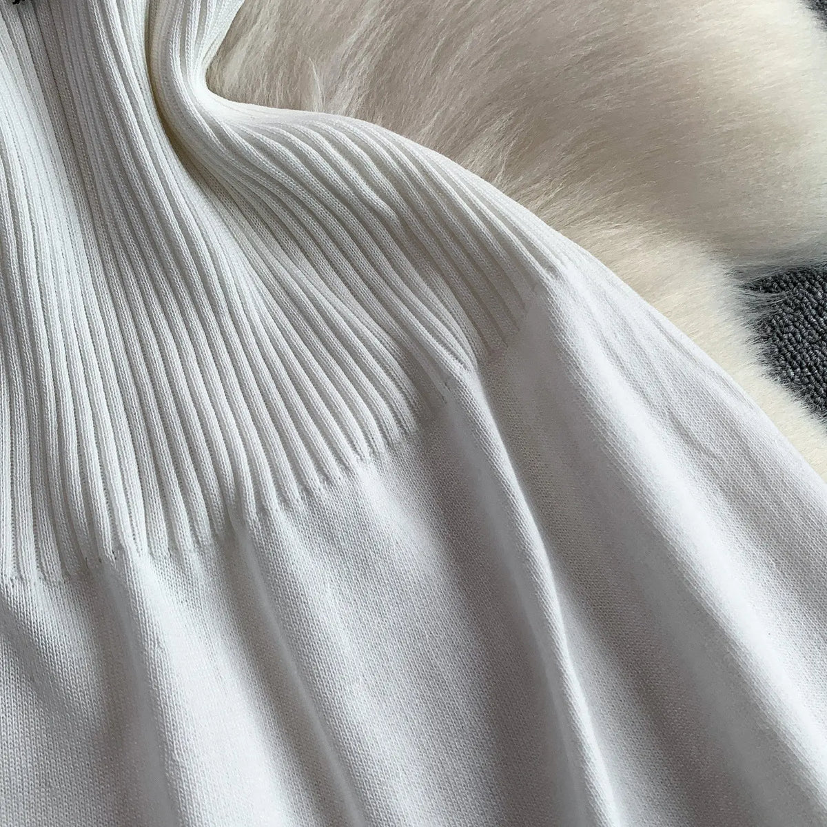 Summer Women Sweet Strechy Sundress Turndown Collar Short Sleeve Knitted Dress Lace Up Bow High Waist A-line Mini Dress