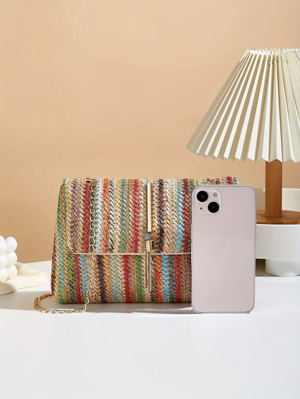 Chic Rainbow Stripe Straw Crossbody Bag for Women Adjustable Shoulder Strap Magnetic Closure Tassel Accent, Fashion Square Purse