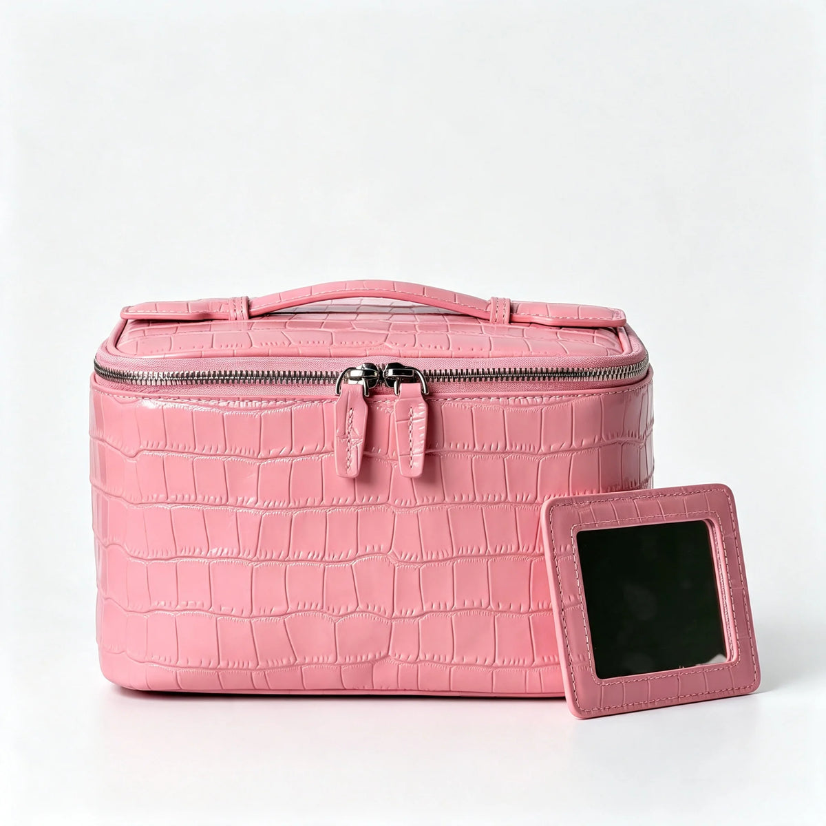 Pink Cowhide Crocodile Pattern Cosmetic Bag Luxury Large Capacity Genuine Leather Travel Toiletry Storage Portable Vanity Case