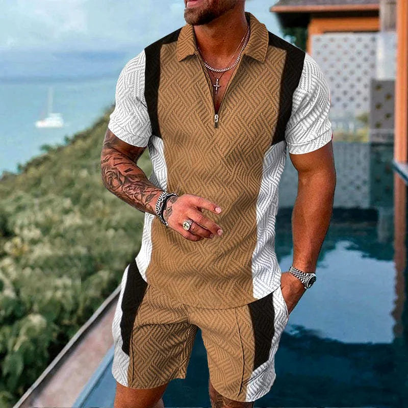 Men Zipper Polo Shirt Suit 2 Pcs Tracksuit Summer 3D Print Beach Boho Geometric Style Holiday Clothing Ensembles De Sport